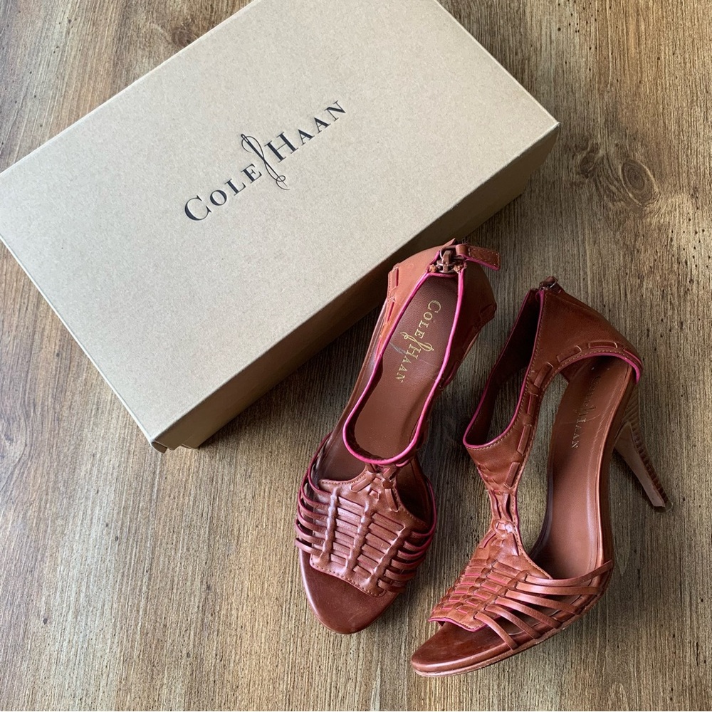 Cole Haan Air Valencia Women's Open Peep Toe Leather Heels Sandals Shoes Brown